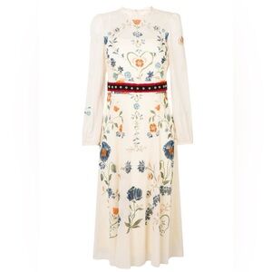 RED Valentino Cream Floral Long-Sleeve Maxi Dress with Red Waistband